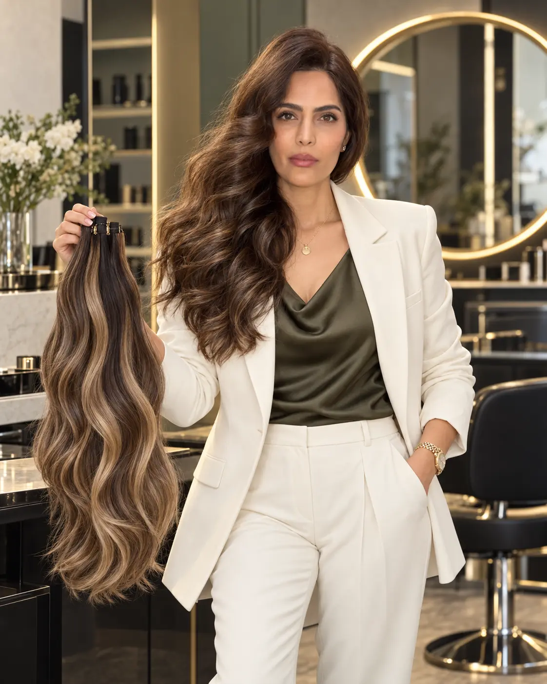 Nasrin presenting natural-looking hair extensions in her Plano salon