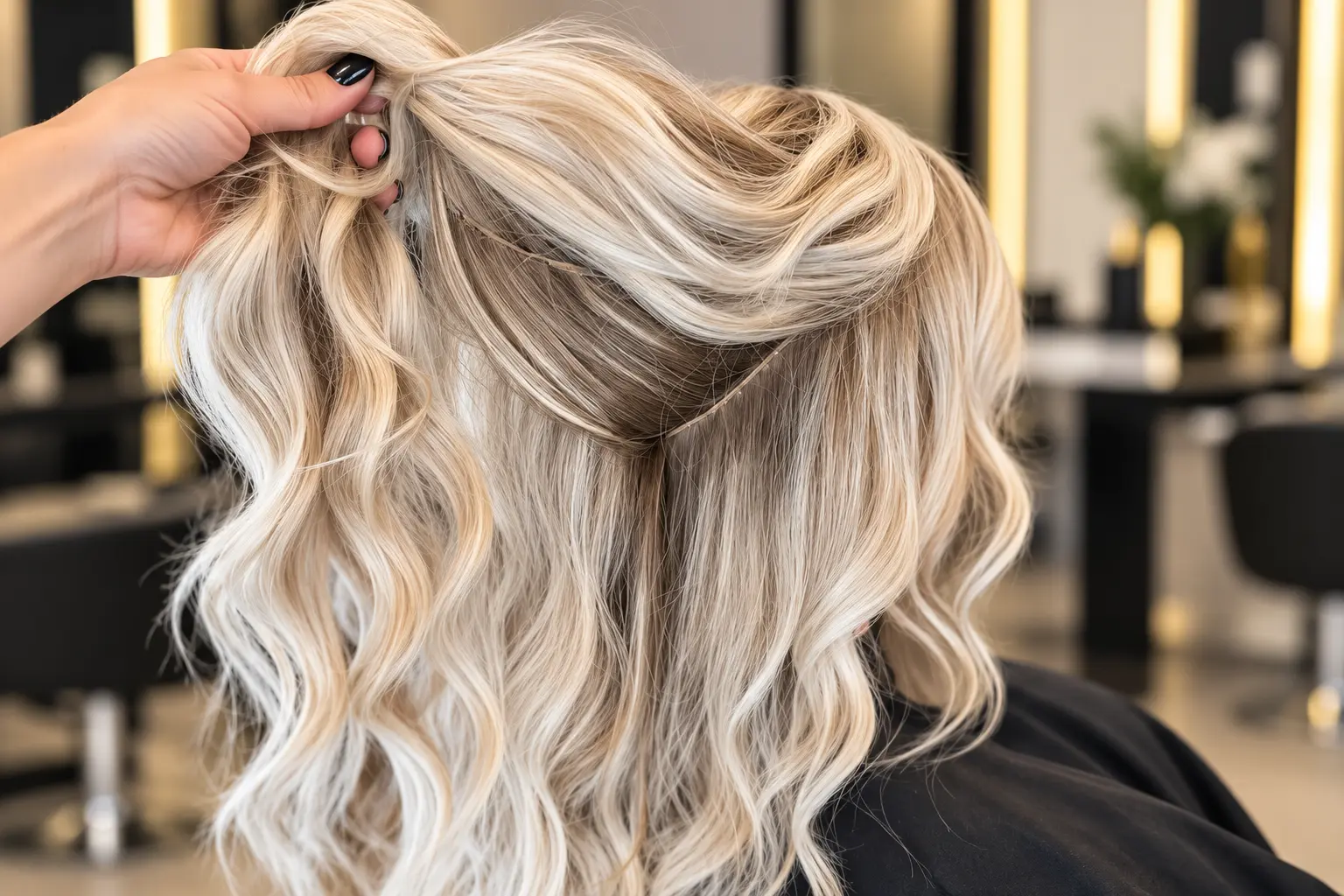 Blonde Invisible Beaded Weft installation with a concealed extension row