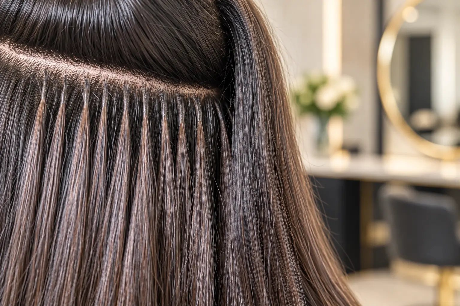 Black hair with discreet strand-by-strand Fusion K-Tip extensions installed at Nasrin Salon