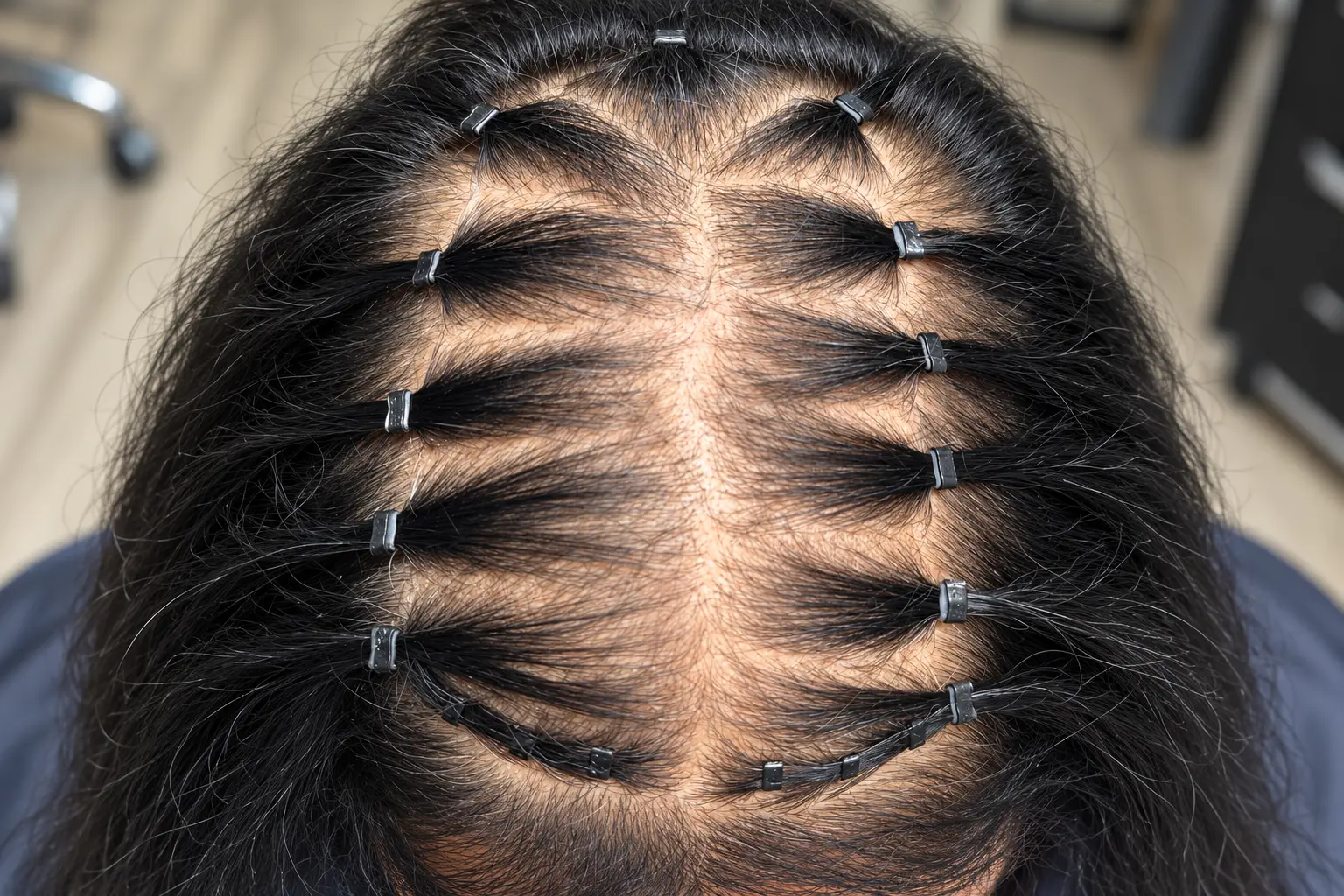 Top view of a Meshless Integration System attachment layout for targeted hair-loss coverage