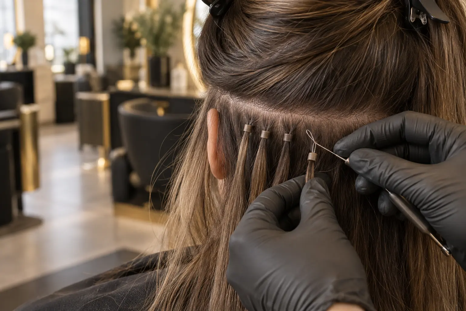 Professional Micro Link hair extension installation with discreet beads in Plano