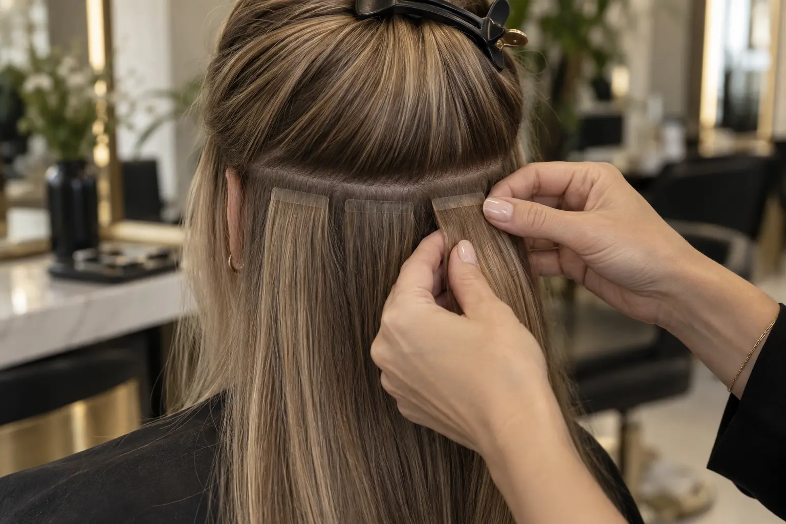 Professional Tape-In hair extension installation with flat transparent tabs