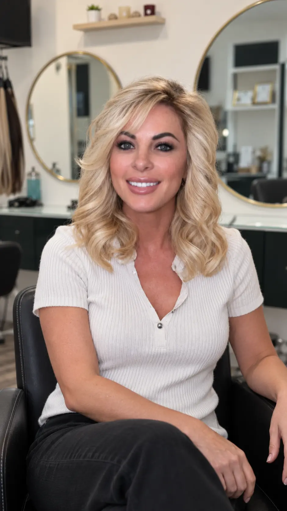 Client with softly styled blonde hair seated in Nasrin Salon
