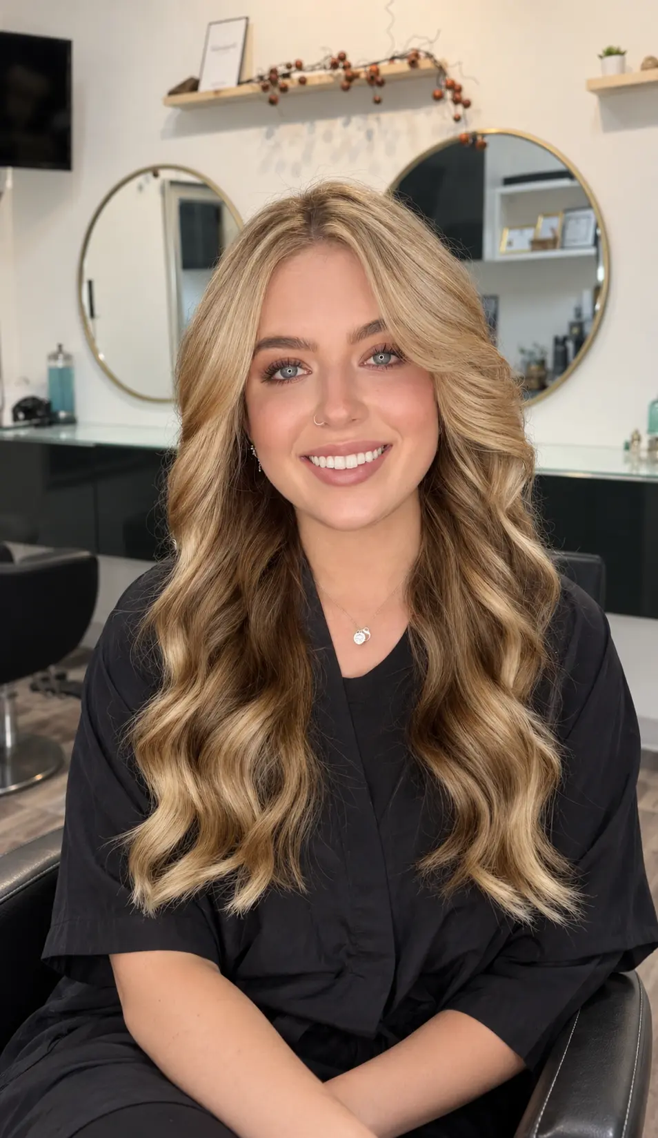 Client with dimensional brunette and blonde waves seated in Nasrin Salon