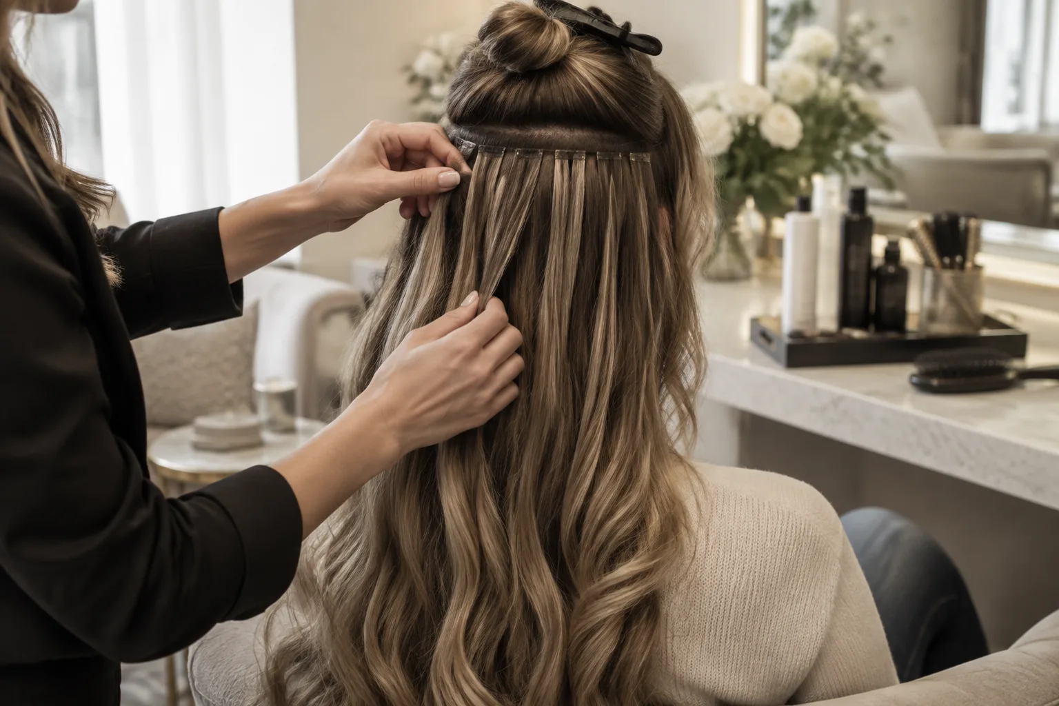 Stylist carefully checking hair extensions during a private maintenance appointment at a refined Plano salon