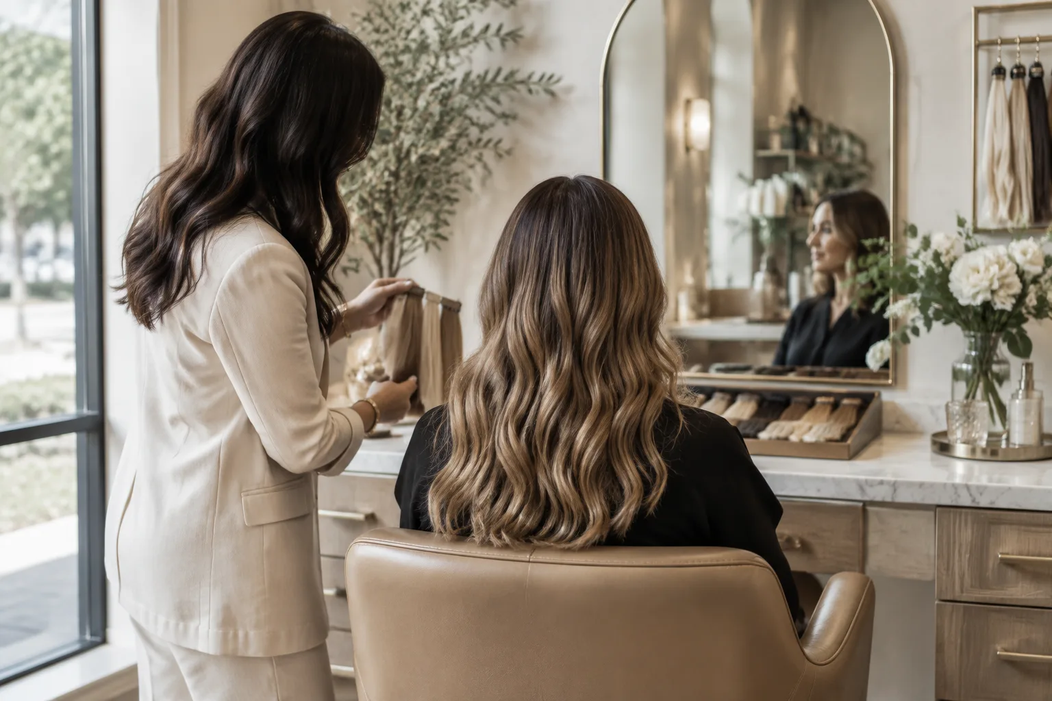 Private hair consultation at an elegant Plano salon for extensions and hair-loss solutions