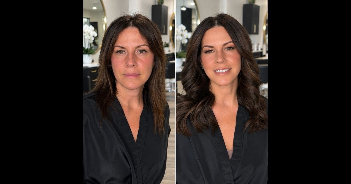Natural-looking before-and-after hair transformation with two rows of customized weft hair extensions for added volume, subtle length AT Nasrin Hair Extensions Salon in Plano, TX.